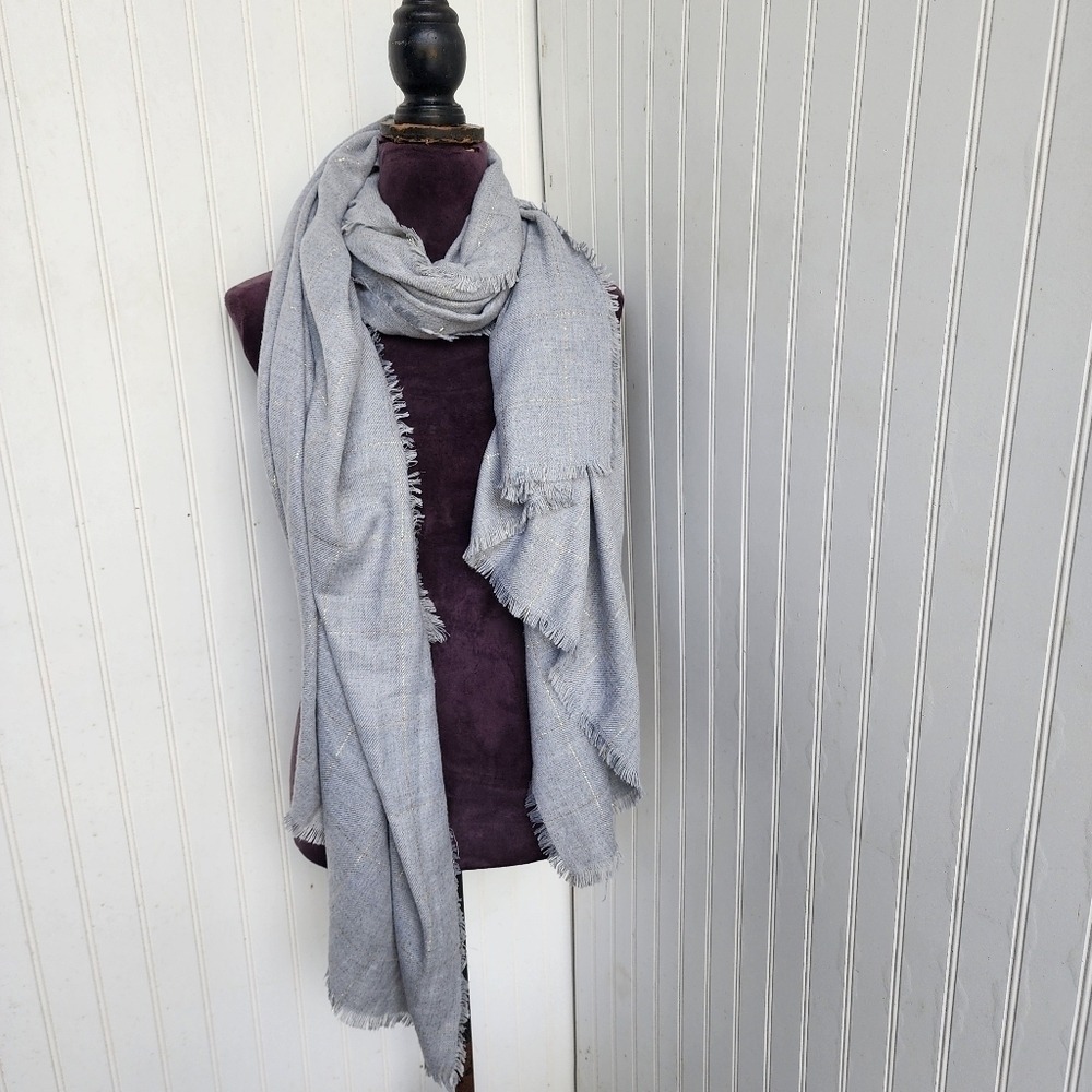 39"×80" Large Plaid Shawl Wrap Neutral Gray Gold Soft Acrylic